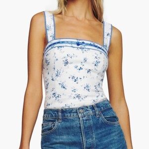 Reformation White Tank with Blue Floral Trim